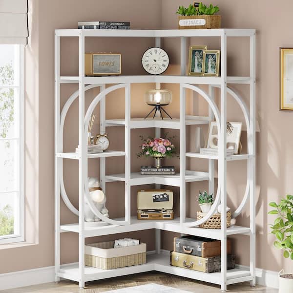 BYBLIGHT Eulas 69.29 in. Tall White 14 shelf Industrial L-Shaped Corner Bookcase with Open Back