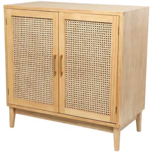 Light Brown Wood 1 Shelf and 2 Door Storage Cabinet with Cane Front Doors and Gold Handles