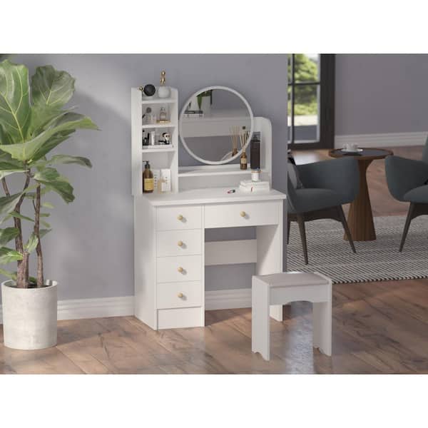 5-Drawers White Wood Makeup Vanity Set Dressing Desk W/ Stool, LED Round  Mirror and Storage Shelves 52x 31.5x 15.7 in.