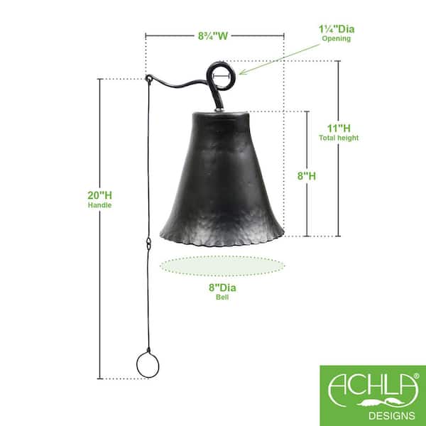Old Time Farmhouse Style Wrought Iron Large Bell, 11.75 in. Tall, Graphite Powder Coat Finish