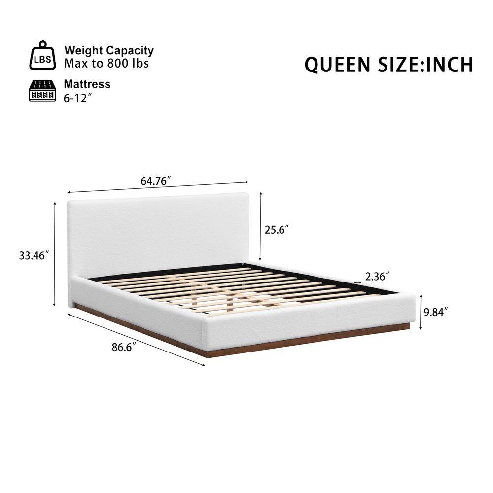 Penn White Boucle Fabric Upholstered Solid Wood Frame Queen Size Platform Bed with Headboard - thumbnail 5