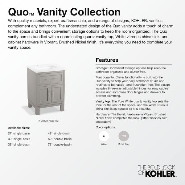 KOHLER Quo 37in. Single Sink Freestanding Mohair Grey Bath Vanity with White Quartz Top Assembled