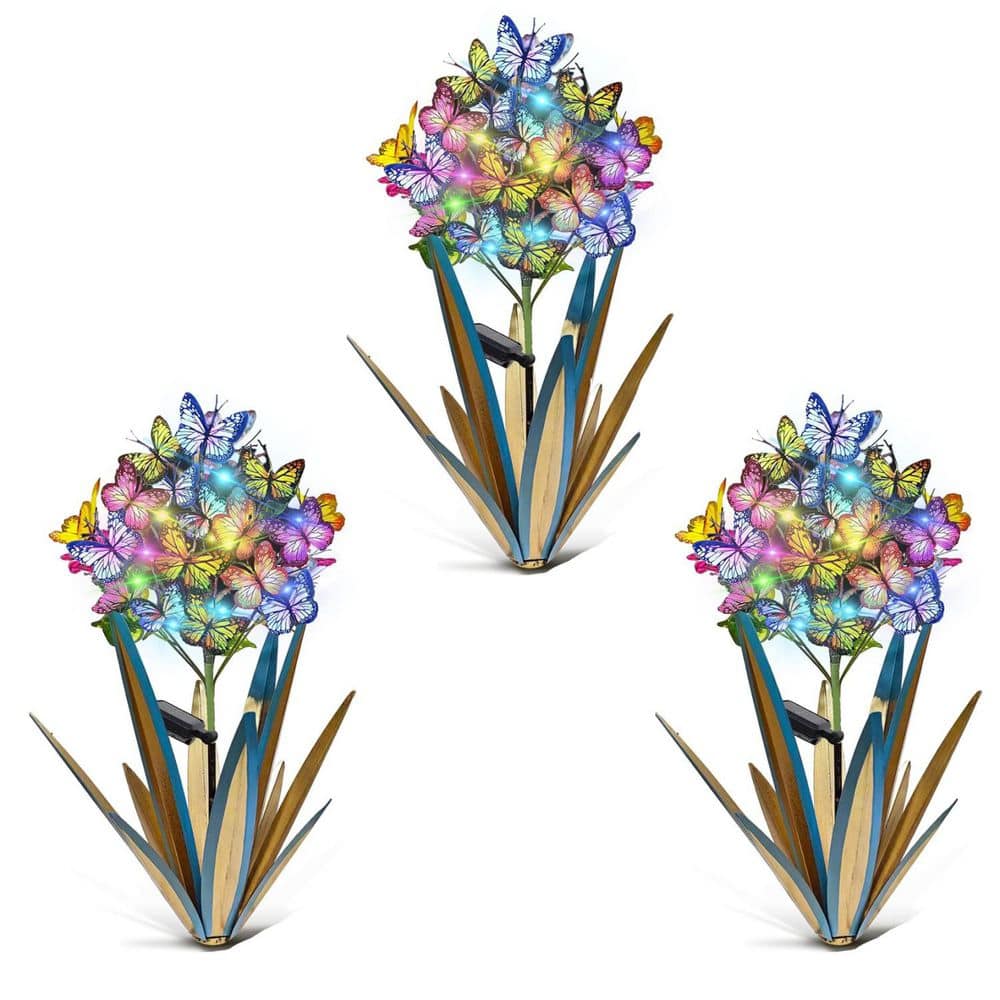Solar Metal Agave Butterfly Flower Stick Garden Sculpture, 3-Pack