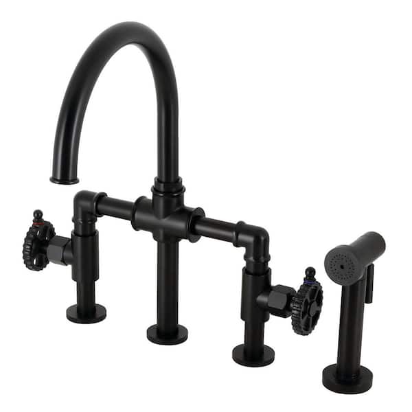 Kingston Brass Fuller Double-Handle Deck Mount Gooseneck Bridge Kitchen Faucet with Brass Sprayer in Matte Black