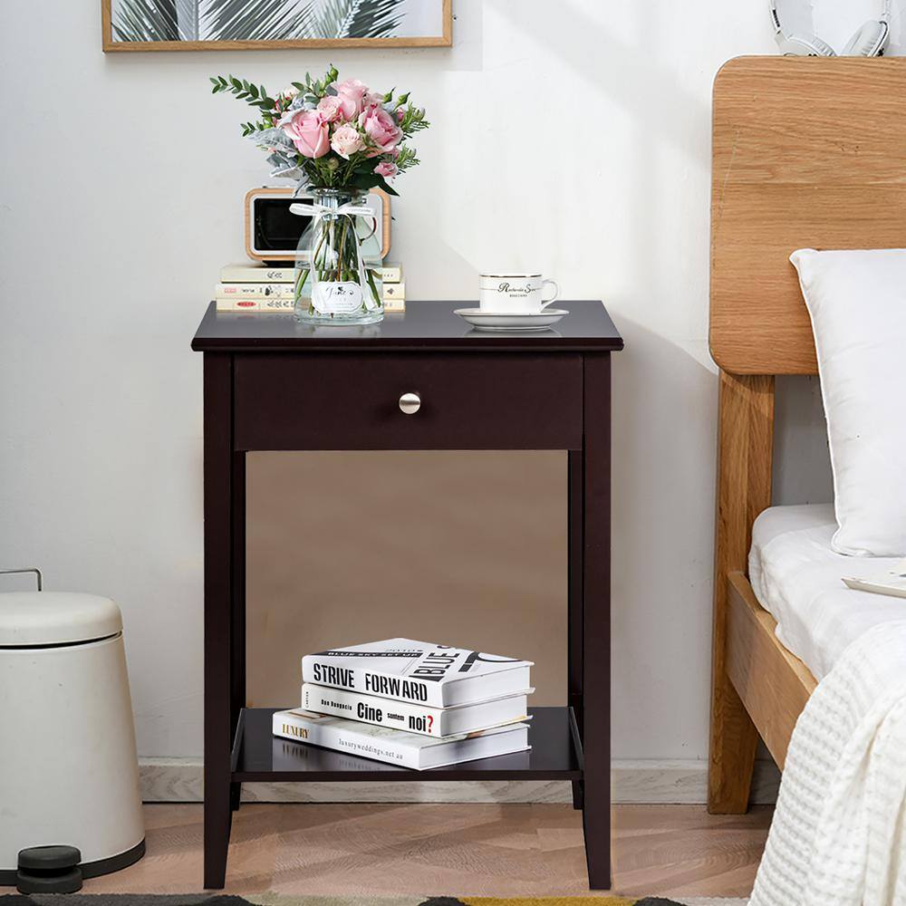 Compact Brown Wood Nightstand with Drawer and Shelf
