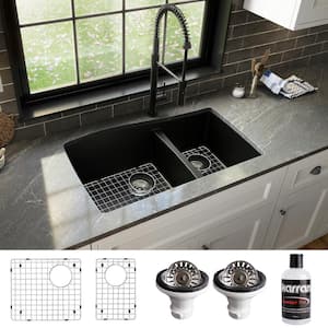 Black Quartz Composite 33 in. 60/40 Double Bowl Undermount Kitchen Sink with Bottom Grids and Strainers