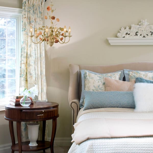 Hanover Rustic Floral 6-Light Chandelier for Hardwire or Plug-In Swag Installation, Antique Cream Frame with Roses