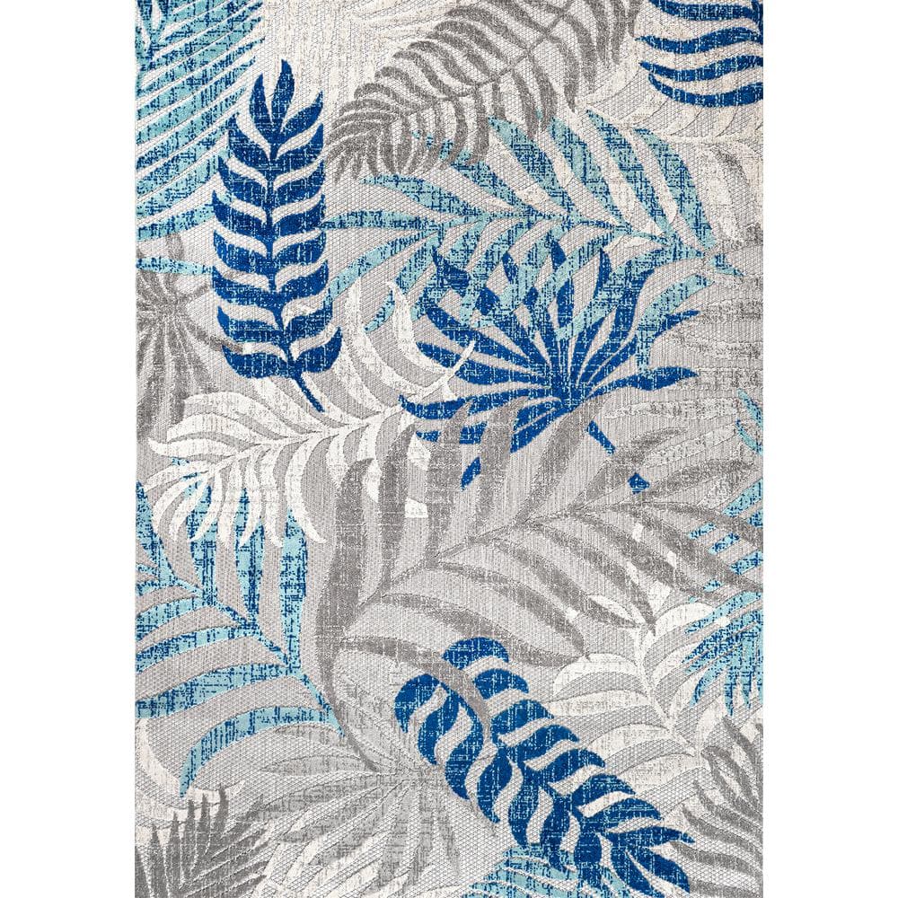 Gray and Blue Synthetic Palm Leaves 3' x 5' Area Rug