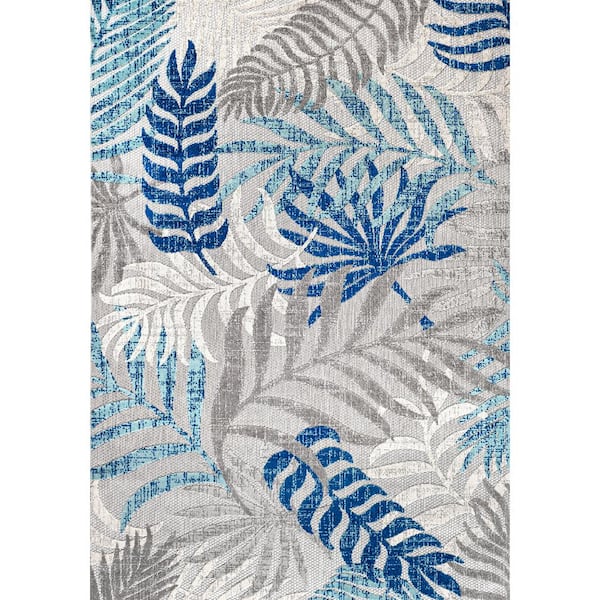 Tropics Palm Leaves Gray/Blue 5 ft. x 8 ft. Indoor/Outdoor Area Rug