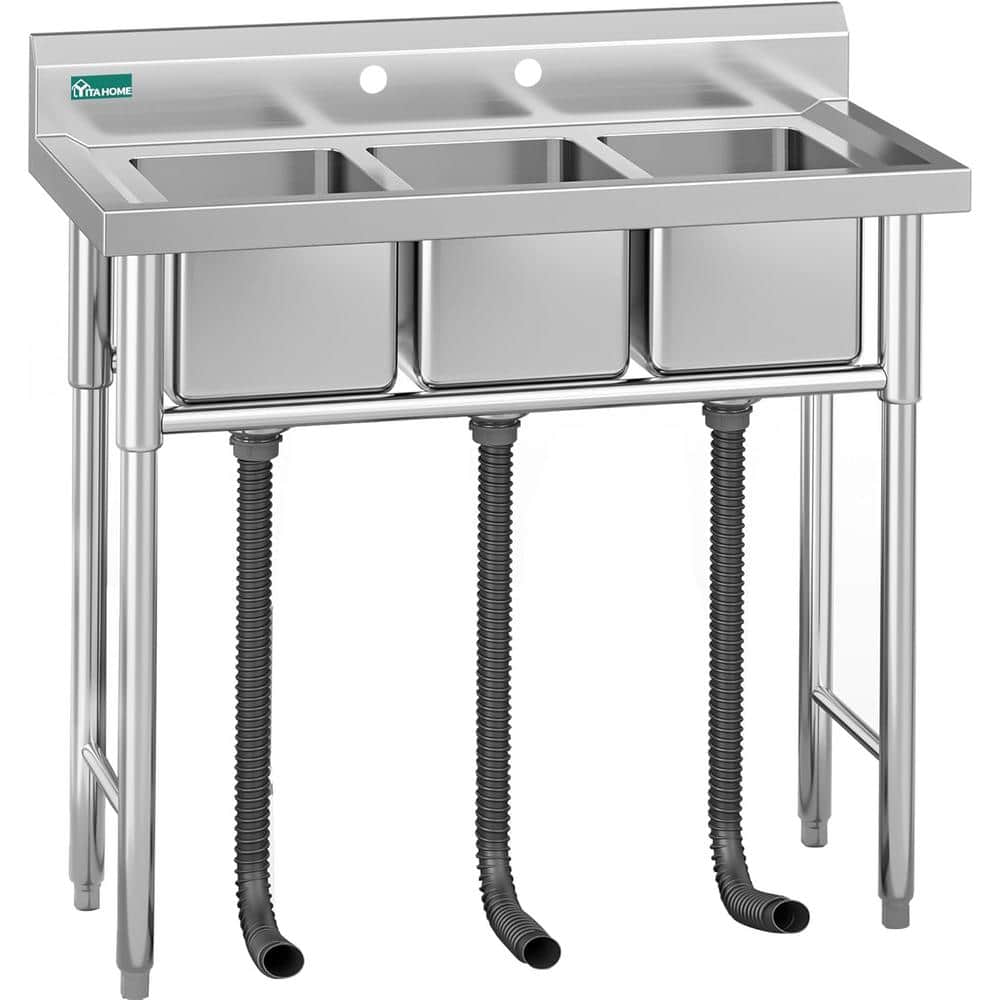 17.7 in. D x 39 in. W Freestanding 3 Compartment Utility Sink in Stainless 