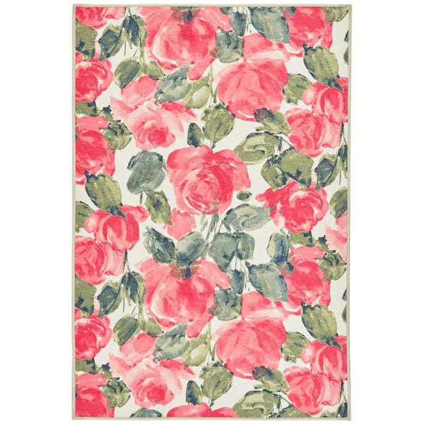 DASH & ALBERT Pretty Peonies Machine Washable Multi 4 ft. x 6 ft. Indoor Area Rug