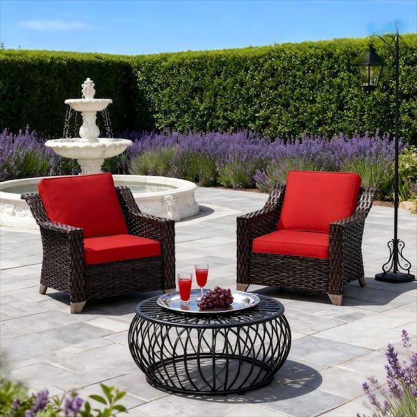 2-Piece Wicker Outdoor Chairs Patio Lounges Chairs with Red Cushions