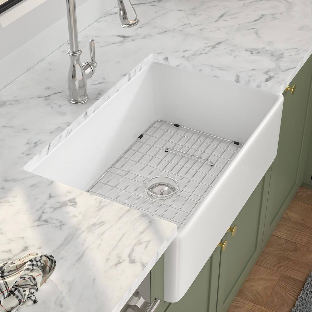 33'' White Ceramic Farmhouse Apron-Front Single Bowl Kitchen Sink