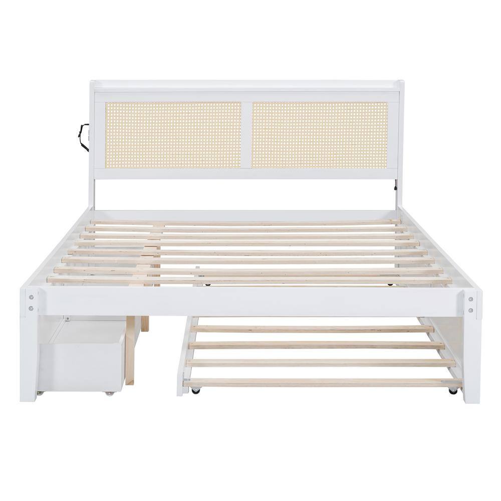 White Pine Queen Platform Bed with Rattan Headboard and Storage Drawers