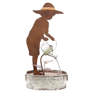 33 in. Tall Rustic Farm Boy Silhouette and Watering Can Fountain Yard Decoration