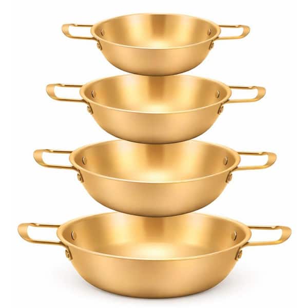 4-Piece Golden Stainless Steel Ramen Pot Set with Handles, Even Heating, Spill-Resistant, Multi-Stovetop Use