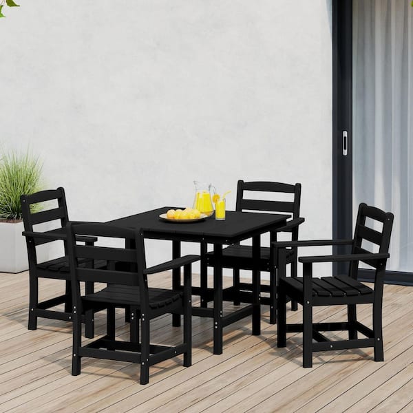 Shoreside 5-Piece All Weather HDPE Plastic Outdoor Patio Dining Set w/ Armchairs, Black