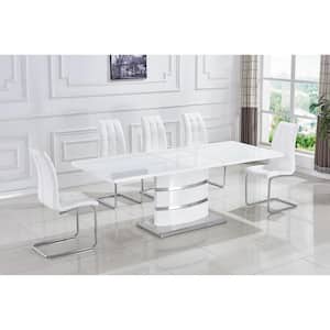 70.9 in. Rectangle White Expandable Butterfly Leaf Glass Top Table with Stainless Steel Base (Seats 8)