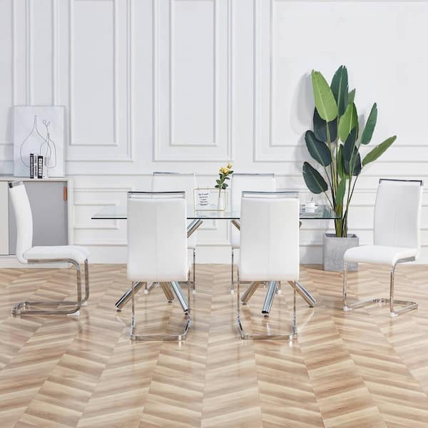 Modern White PU Leather High Back Upholstered Side Chair, Dining Chair with C-shaped Tube Silver Metal Legs (Set of 4)