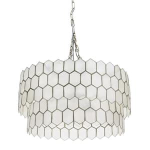 20 in. 2-Tier 1 Ceiling Light Matte Silver Capiz Honeycomb Round Finished Metal Chandelier Style