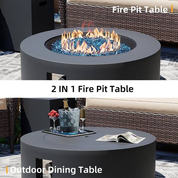 42 in. Round Iron Outdoor Fire Pit Table with Tank Cover, Lid and Rain Cover in Dark Gray