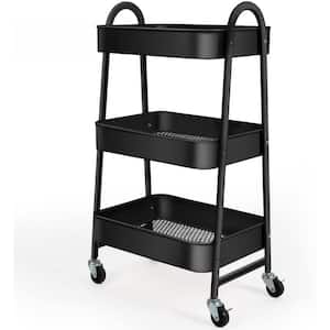 Black 3-Tier Utility Rolling Cart with Large Storage and Metal Wheels