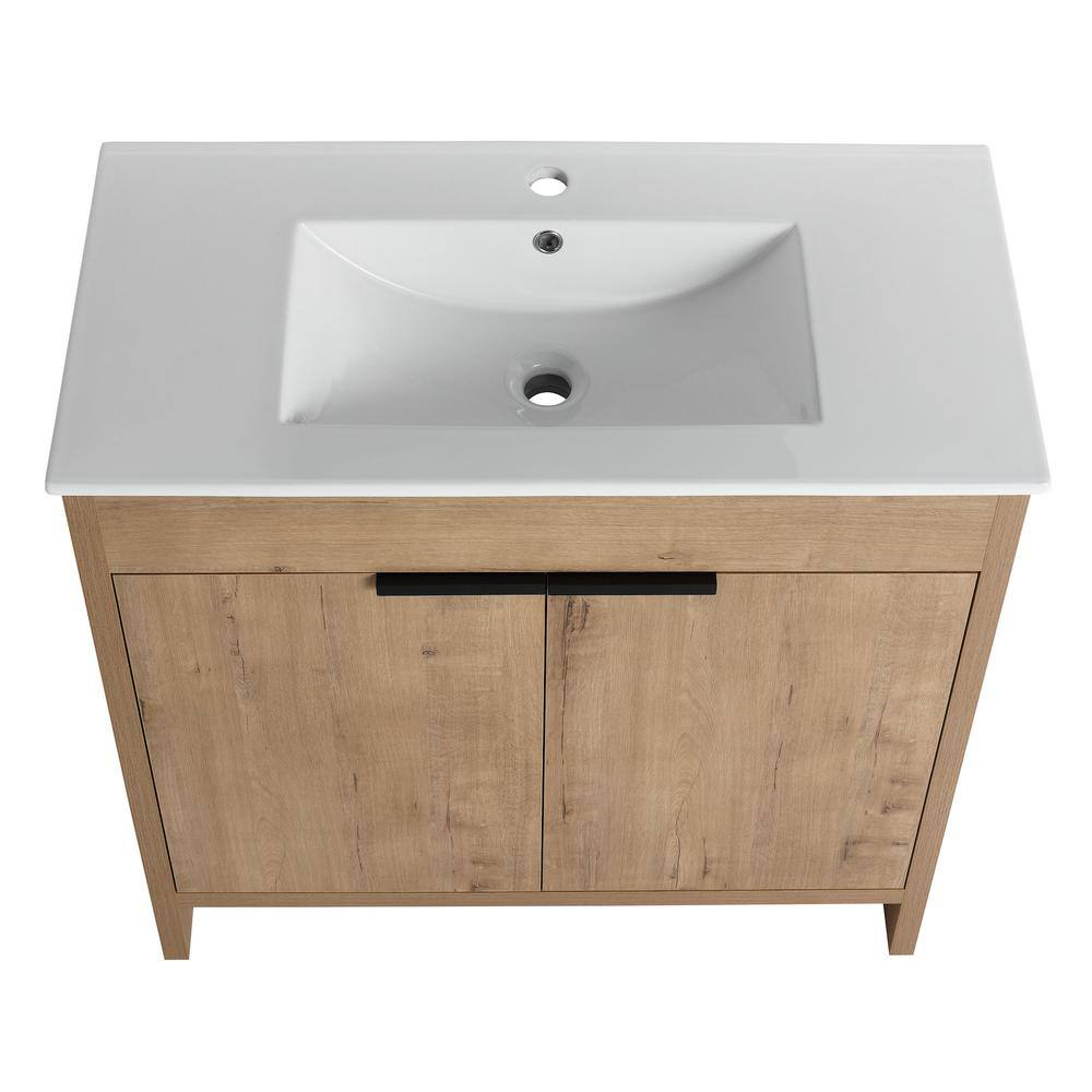35.04 in. W x 17.91 in. D x 33.46 in. H Single Sink Freestanding Bath Vanity in Imitative Oak with White Ceramic Top price history on PriceWatchPro