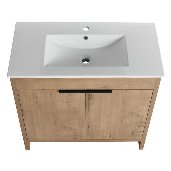 Boosicavelly 35.04 in. W x 17.91 in. D x 33.46 in. H Single Sink Freestanding Bath Vanity in Imitative Oak with White Ceramic Top
