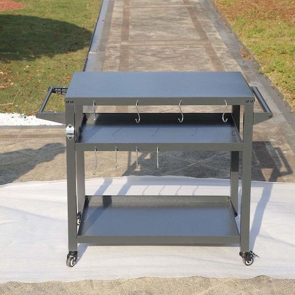 Siavonce 3-Shelf Outdoor Grill Table, Pantry Organizer Grill Cart Outdoor with Wheels, Pizza Oven Table and Food Prep Table, Gray