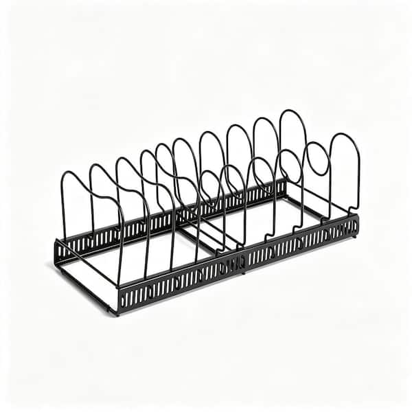 10 Adjustable Standing Compartment Black Pot and Pan Organizer Rack for Under Cabinet with Expandable Design
