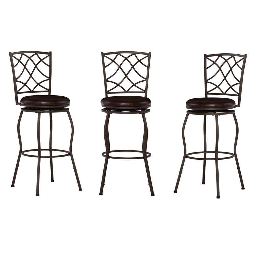Cliff 24-30 in. Adjustable Brown Metal Swivel High Back Bar Stools with Fau