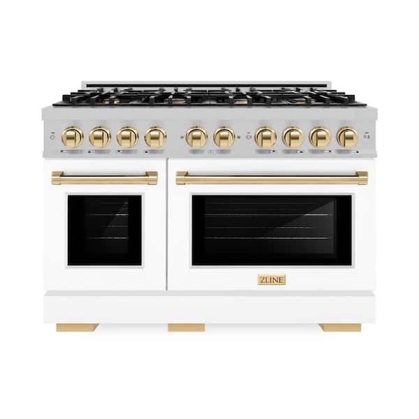 ZLINE Kitchen and Bath Select 48 in. 8-Burner Gas Range with Double Oven in Fingerprint Resistant Stainless Steel, Matte White and Gold
