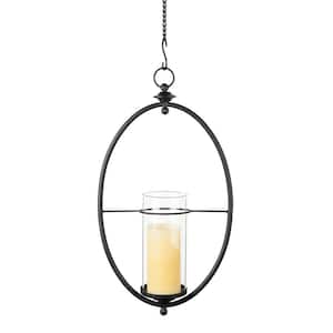 Oval Black Wrought Iron and Glass Hanging Hurricane Candle Sconce for Wall or Ceiling