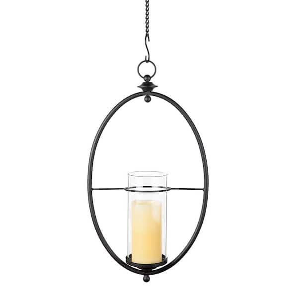 DANYA B Oval Black Wrought Iron and Glass Hanging Hurricane Candle Sconce for Wall or Ceiling