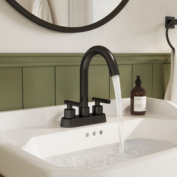 4 in. Centerset Double Handle High Arc Bathroom Faucet with 360° Swivel, Pop-Up Drain in Matte Black (Valve Included)