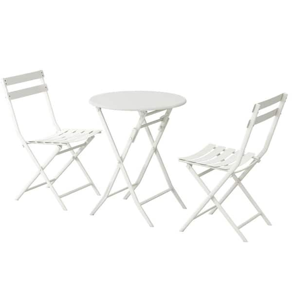 Zeus & Ruta 3-Piece Metal Outdoor Bistro Set with 2 Foldable Chairs and 1 Foldable Round Table in White