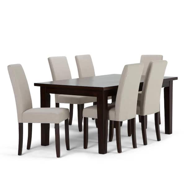 Simpli Home Acadian 7-Piece Dining Set with 6 Upholstered Parson Chairs in Natural Linen Look Fabric and 66 in. Wide Table