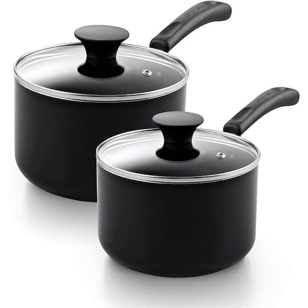 1 qt. and 2 qt. 2-Piece Black Aluminum Nonstick Saucepan with Glass Lid