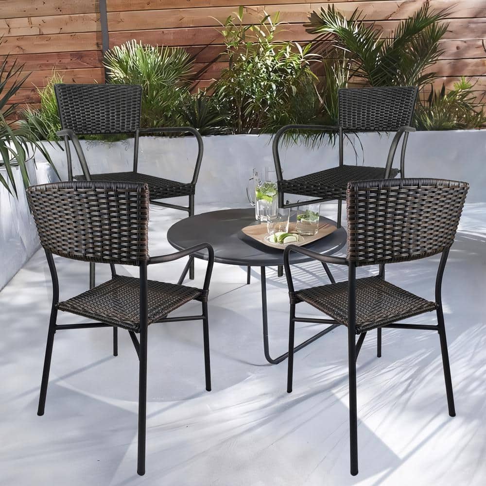 Stack-Able Woven Dining Chair, Patio Dinning Arm Chair with Steel Frame in 