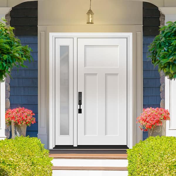 Legacy 51 in. x 80 in. 3 Panel Craftsman RHIS Unfinished White Fiberglass Prehung Front Door w/Clear 12" SL 4-9/16Jamb