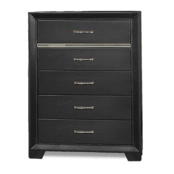 Benjara Black 5-Drawers Modern Wood Tall Dresser Chest with Mirror Trim