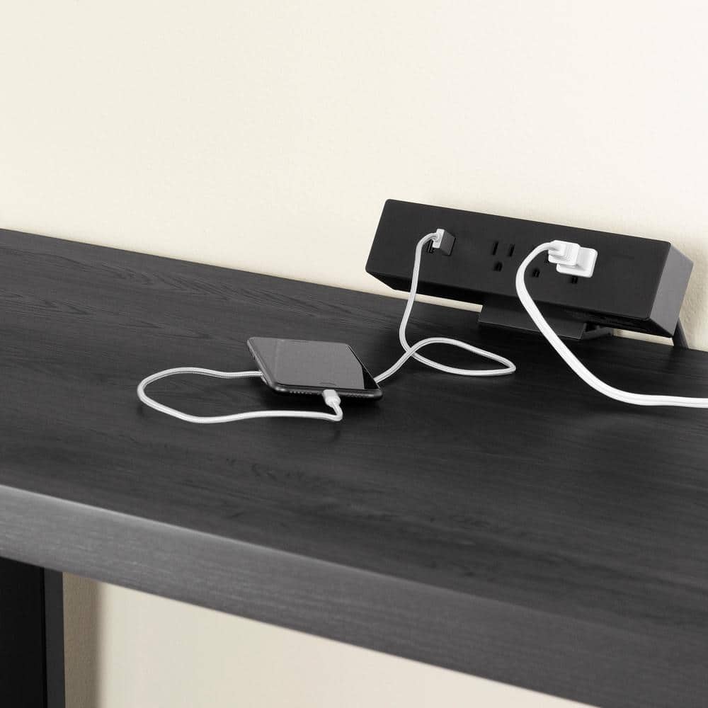 Gray Oak L-Shaped Computer Desk with Power Outlet and Filing Cabinet