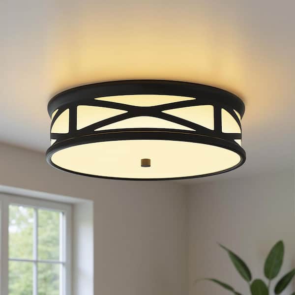 11.8 in. 16W Cross-Triangle LED Flush Mount Ceiling Light, Metal and Glass, Matte Black, 1100 Lumens, 3000K/4000K/5000K