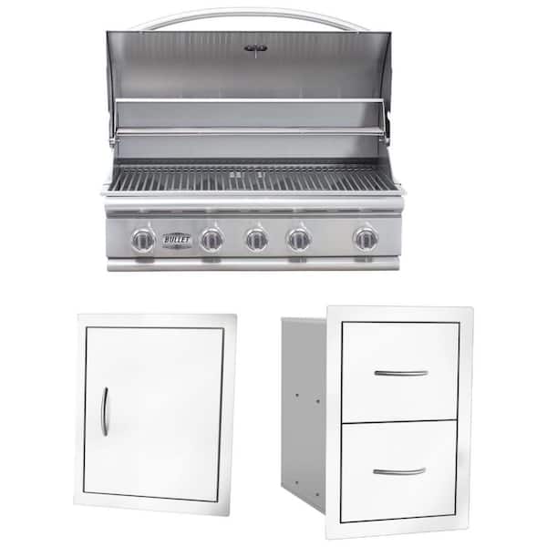 Bullet Series 5-Burner Built-In Liquid Propane Grill 38 in Stainless Steel with Single Access Door and Double Drawer