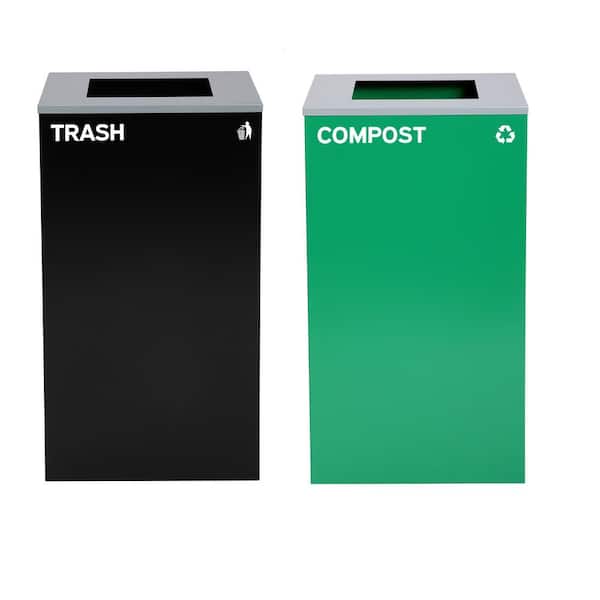 Alpine Industries 58 Gal. 2-Stream Black Open Top Commercial Outdoor Trash Can Receptacle and Green Compost Bin Trash Station with Lids