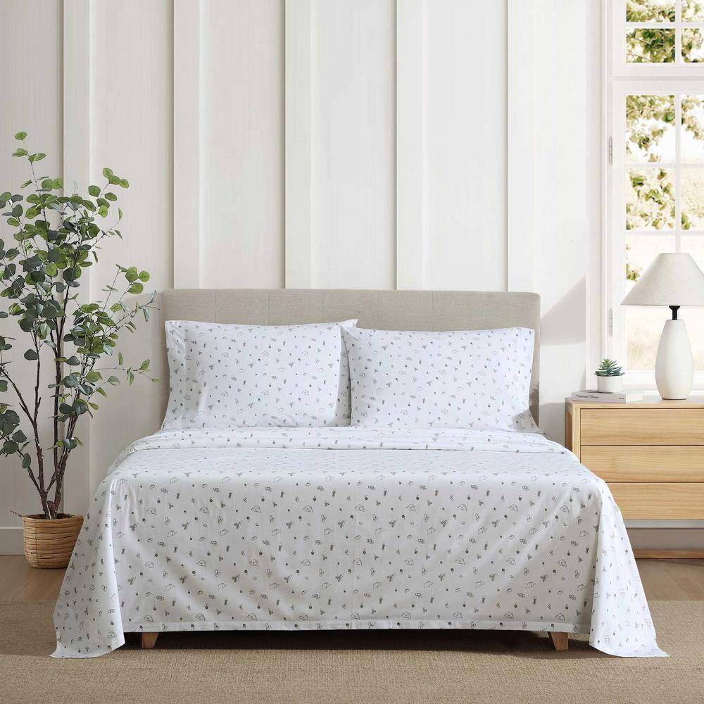 White Cotton Percale Twin Sheet Set with Outdoor Print