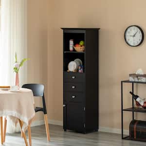Storage Organizer Linen Tower, Vanity Closet, Bathroom Cabinet with 2-Open shelves, 3-Drawers, and a Closet, Black