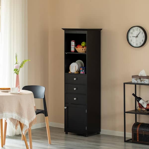 Basicwise Storage Organizer Linen Tower, Vanity Closet, Bathroom Cabinet with 2-Open shelves, 3-Drawers, and a Closet, Black