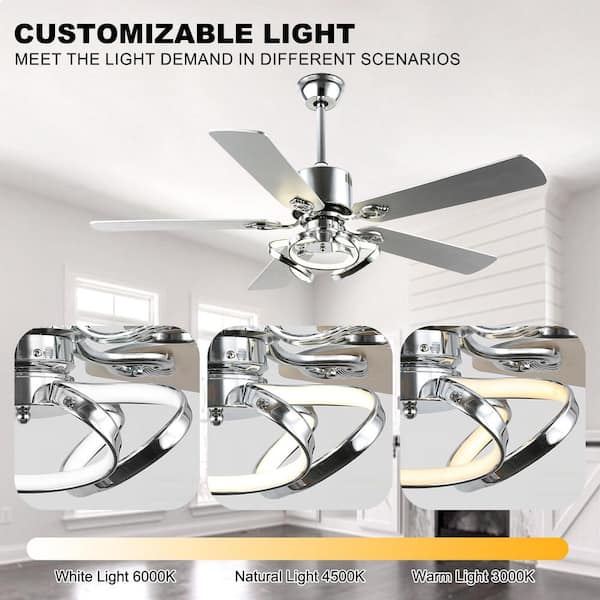 Tranquil 52 in. Smart Control Indoor Chrome 6-Speed Futuristic Modern Ceiling Fan with LED Lights and Remote, Dimmable