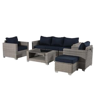 Grey 7-Piece Wicker Outdoor Patio Conversation Sectional Sofa Seating Set with Dark Blue Cushions